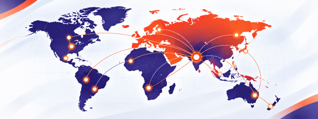 House of Emporium global shipping network map with purple and orange-red continents, glowing tracking points, and connecting international shipping routes.